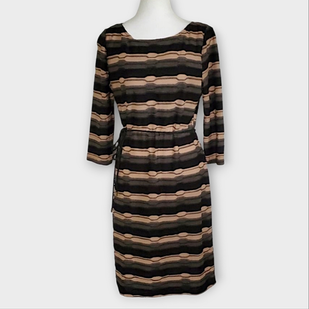 Tacera Textured Stripe Belted Blouson Midi Dress - Picture 2 of 8